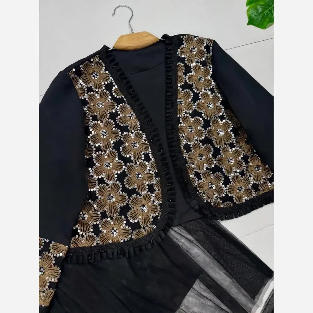 ست سه تیکه کت و دامن و شال مجلسی مدل روناک جنس مازراتی و تور سایز فری 38 تا 46