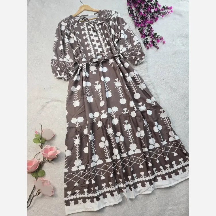 ساحلی آستین بلند زنانه جنس کرپ فلور رنگ شکلاتی و سبز فری سایز