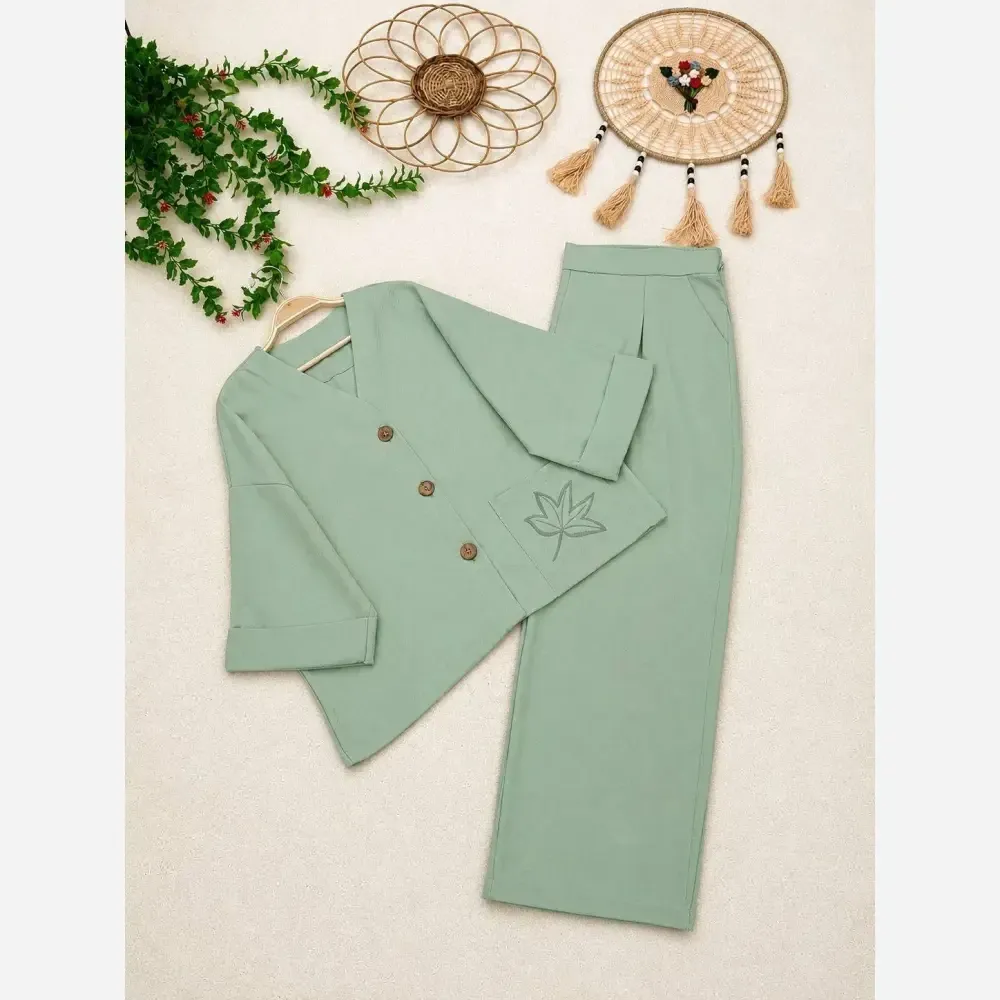 ست مانتو شلوار لینن کجراه ترک وارداتی طرح برگ فری سایز 36 تا 46