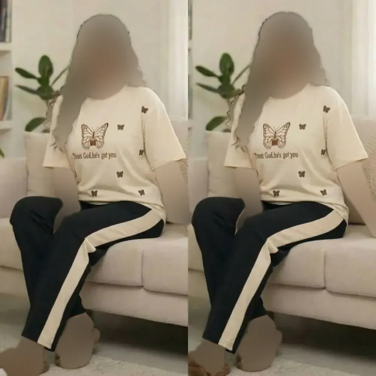 ست تیشرت و شلوار بهارنارنج جنس پنبه گلکسی فری سایز 38 تا 46 نسکافه ای کرم