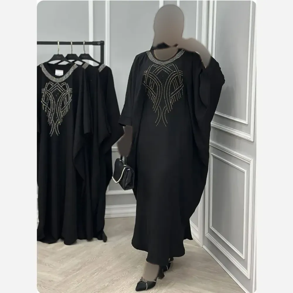 عبا بلند زنانه مدل نگین عنکبوتی جنس الیزه رنگ مشکی سایز فری 38 تا 50 قد 135