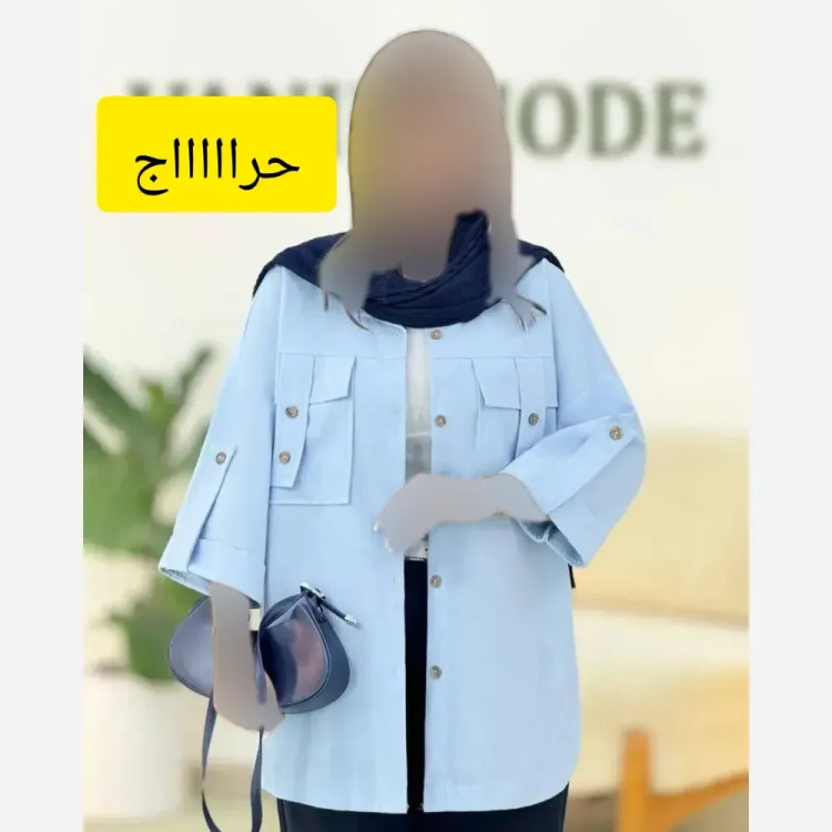شومیز لنین کتان نیلی جیب طرح صلیبی سایز فری 38 تا 50