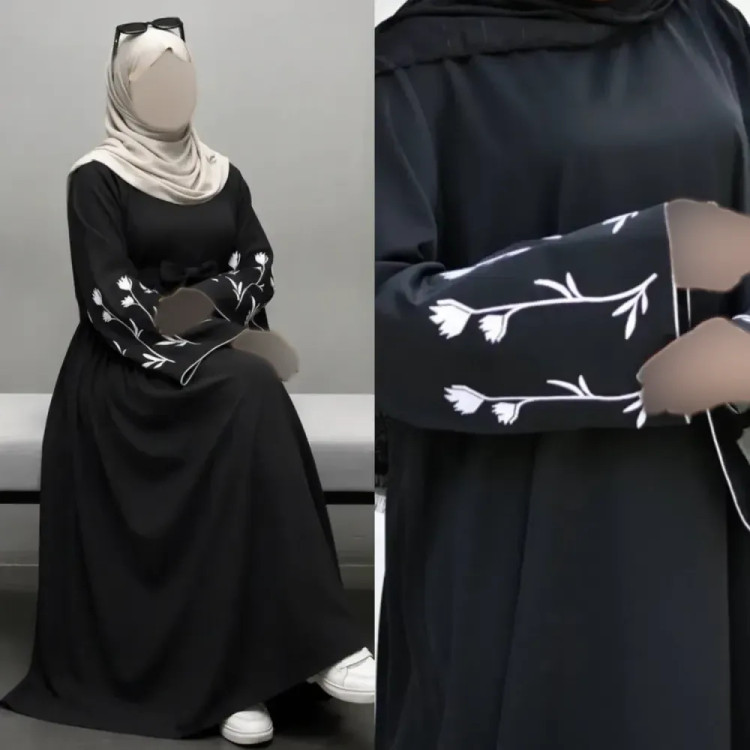 پیراهن عبایی گلدوزی شده گل لاله رنگ مشکی جنس الیزه درجه یک فری سایز