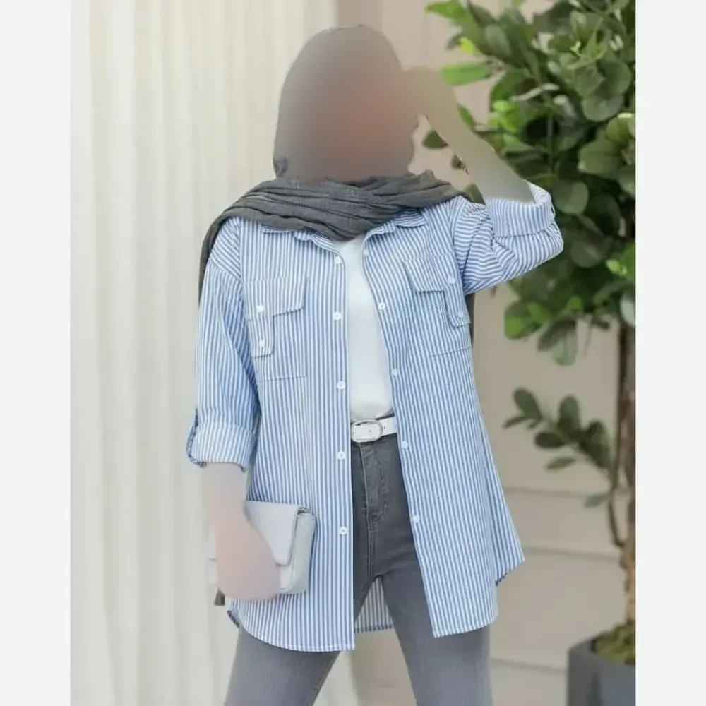 شومیز نخی راه راه زنانه جیب صلیبی فری سایز 36 تا 46 در رنگبندی متنوع