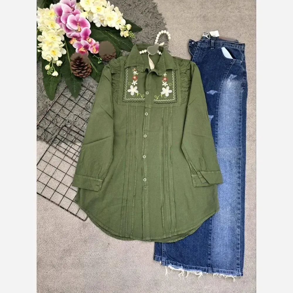 شومیز بانو کتان لنین فری سایز 36 تا 46 گلدوزی شده خنک لطیف