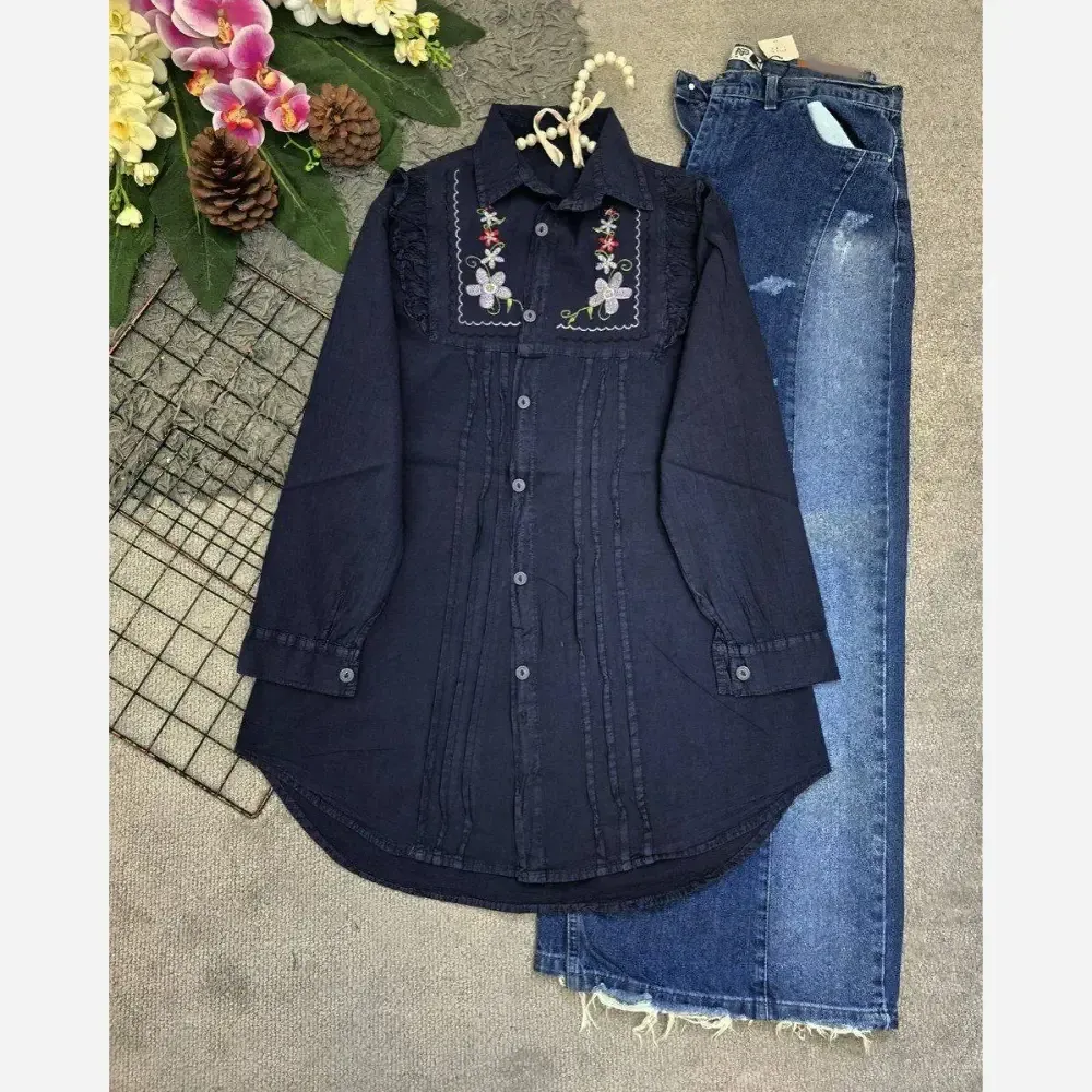 شومیز بانو کتان لنین فری سایز 36 تا 46 گلدوزی شده خنک لطیف