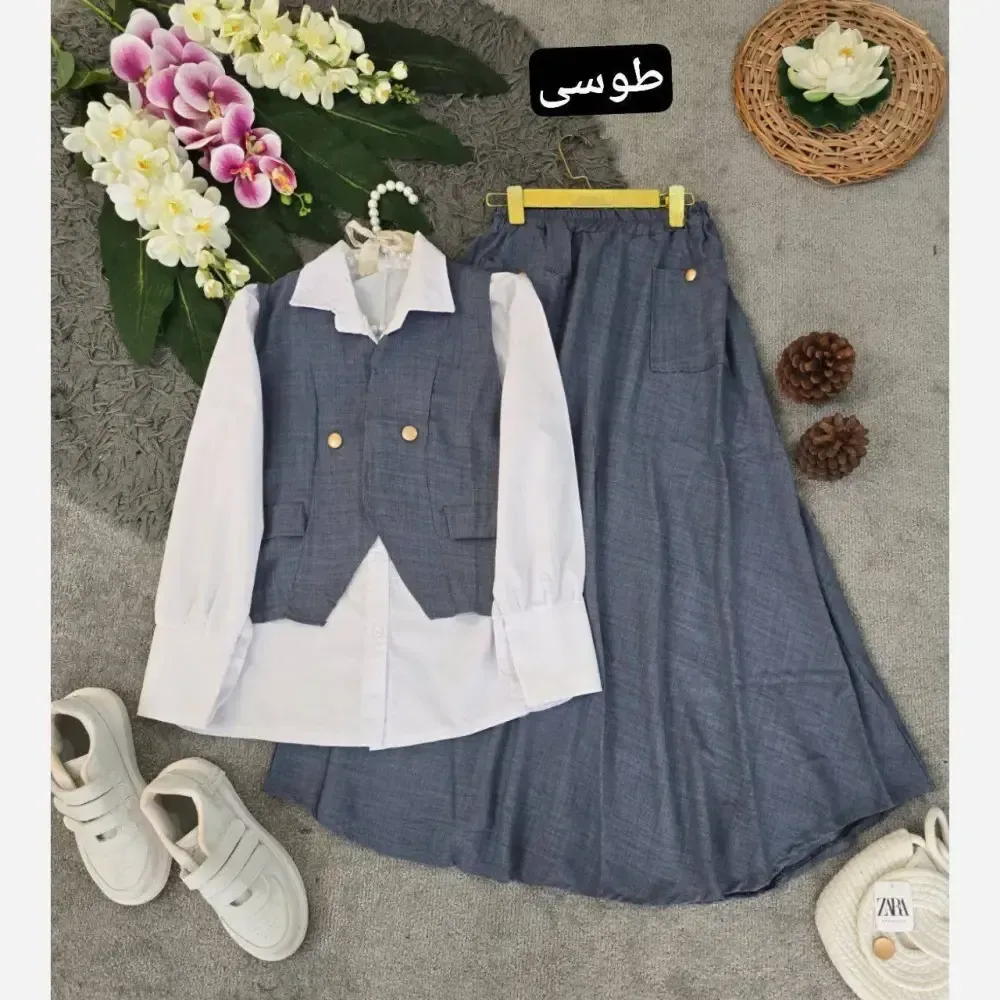 ست سه تیکه شومیز جلیقه و دامن مدل ژینا جنس شانتون