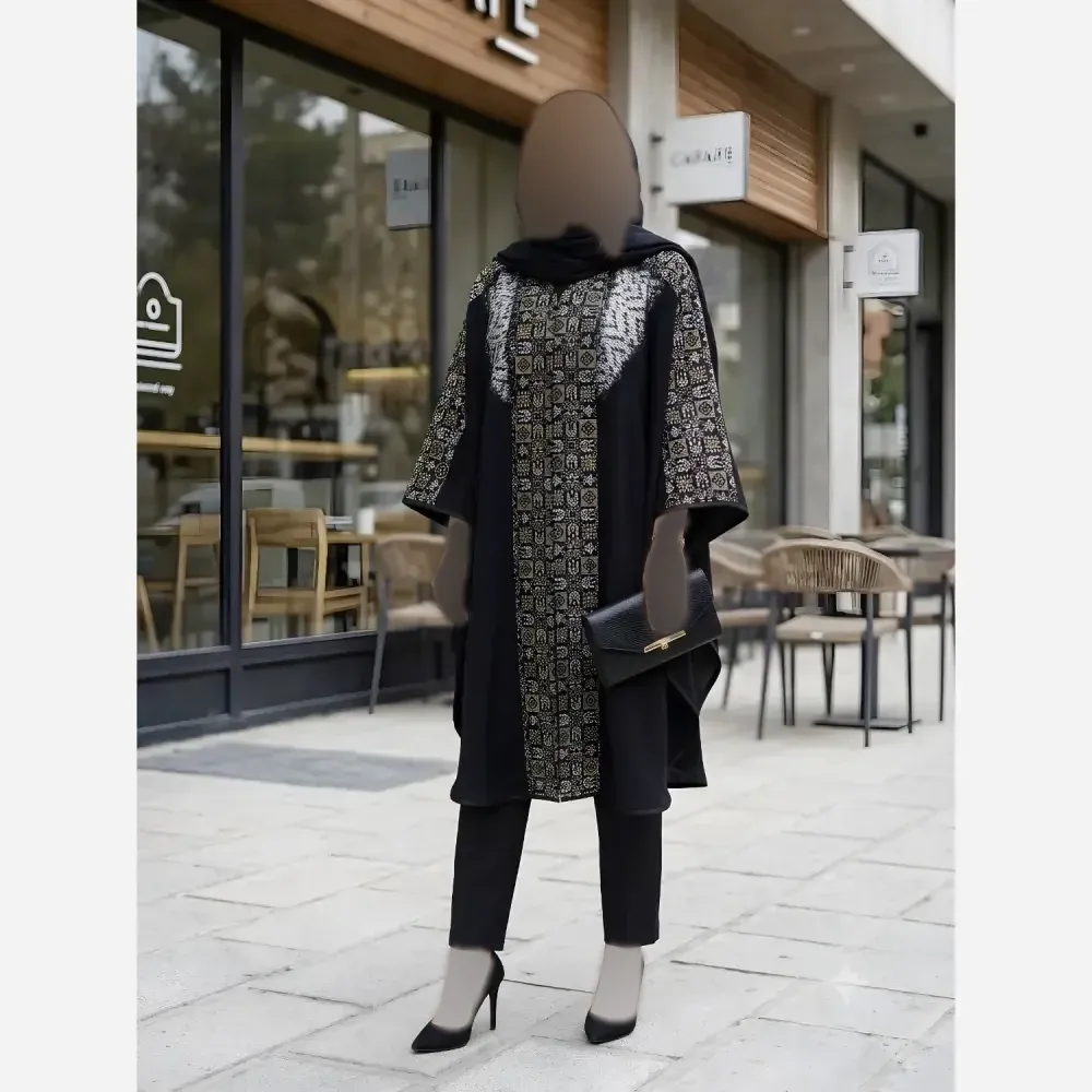 پانچ مجلسی مشکی شانتون با خرجکار ژاکارد و گیپور فری سایز