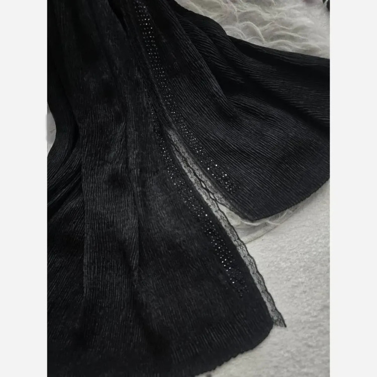 شال مجلسی آفاق طرح مزونی لب دانتل نگین کوبی مشکی فری سایز ابعاد 180×70
