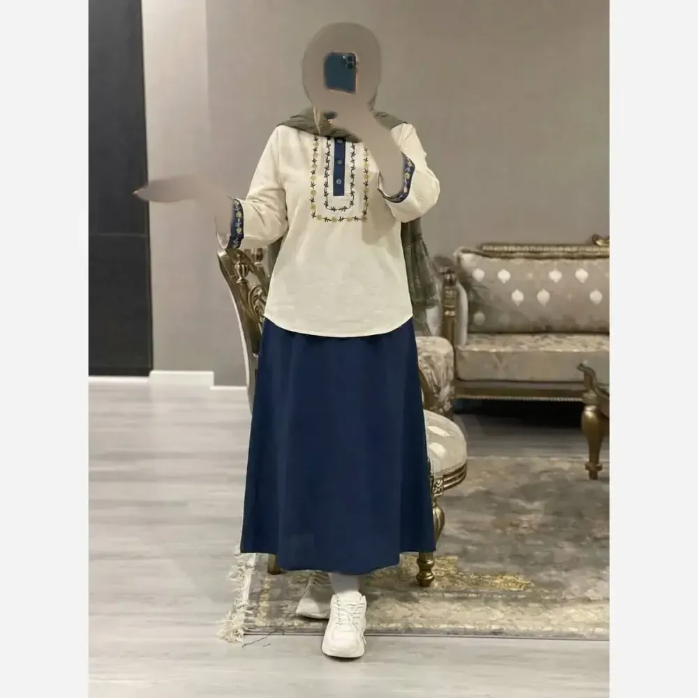 شومیز و دامن ژیوا جنس لنین و شانتون فری سایز 38 تا 46 در رنگ های مشکی کرم سبز آبی
