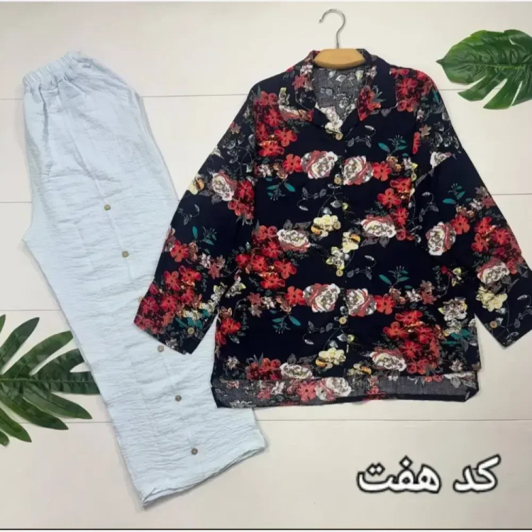 ست شومیز و شلوار نخی طرح دار زنانه فری سایز