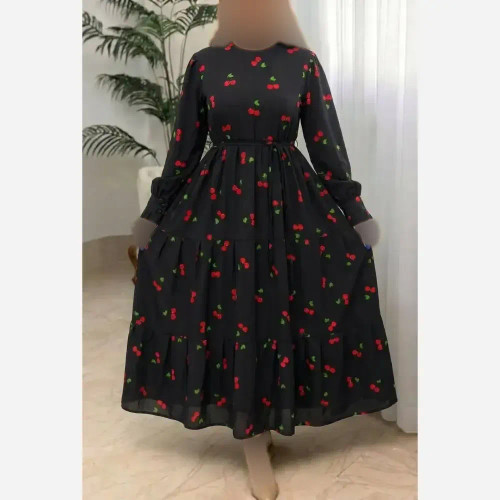 پیراهن گیلاسی یقه چین جنس بوگاتی رنگ مشکی سایز فری 38 تا 46