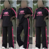 ست تیشرت و شلوار بالنسیاگا پاپیونی پنبه گلکسی مشکی صورتی فری سایز