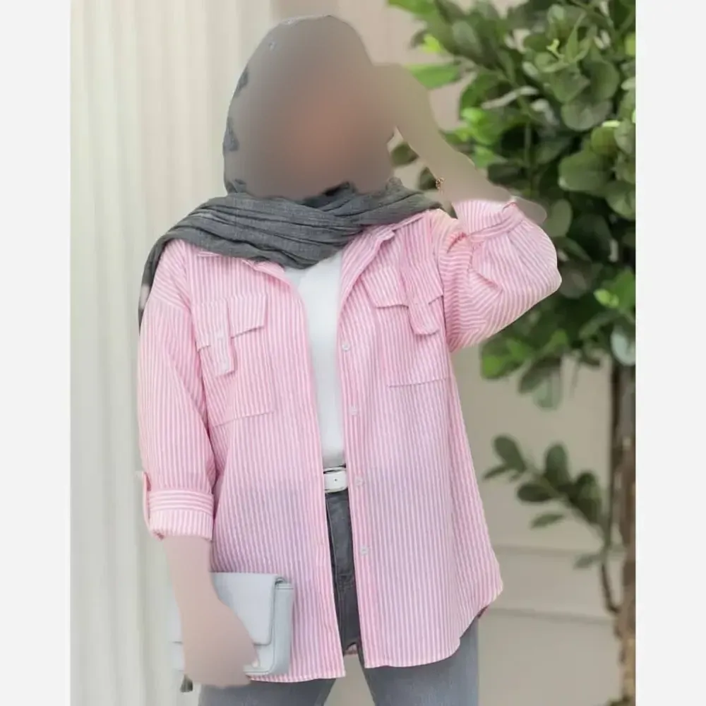 شومیز نخی راه راه جیب صلیبی فری سایز خنک و قواره دار