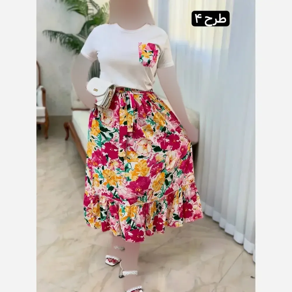 ست تیشرت پنبه و دامن تمام نخ لیلی سایز فری 38 تا 46