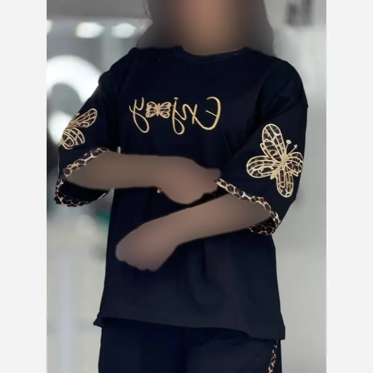 ست تیشرت و شلوار زنانه طرح enjoy جنس اسپان گلکسی رنگ مشکی سایز فری 38 تا 46