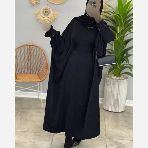عبا زنانه آستین پلیسه جنس الیزه رنگ مشکی فری سایز قد 140