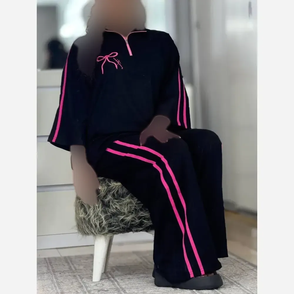 ست زنانه ژاله نخ پنبه فری سایز 38 تا 46 در رنگبندی سفید مشکی و صورتی مشکی