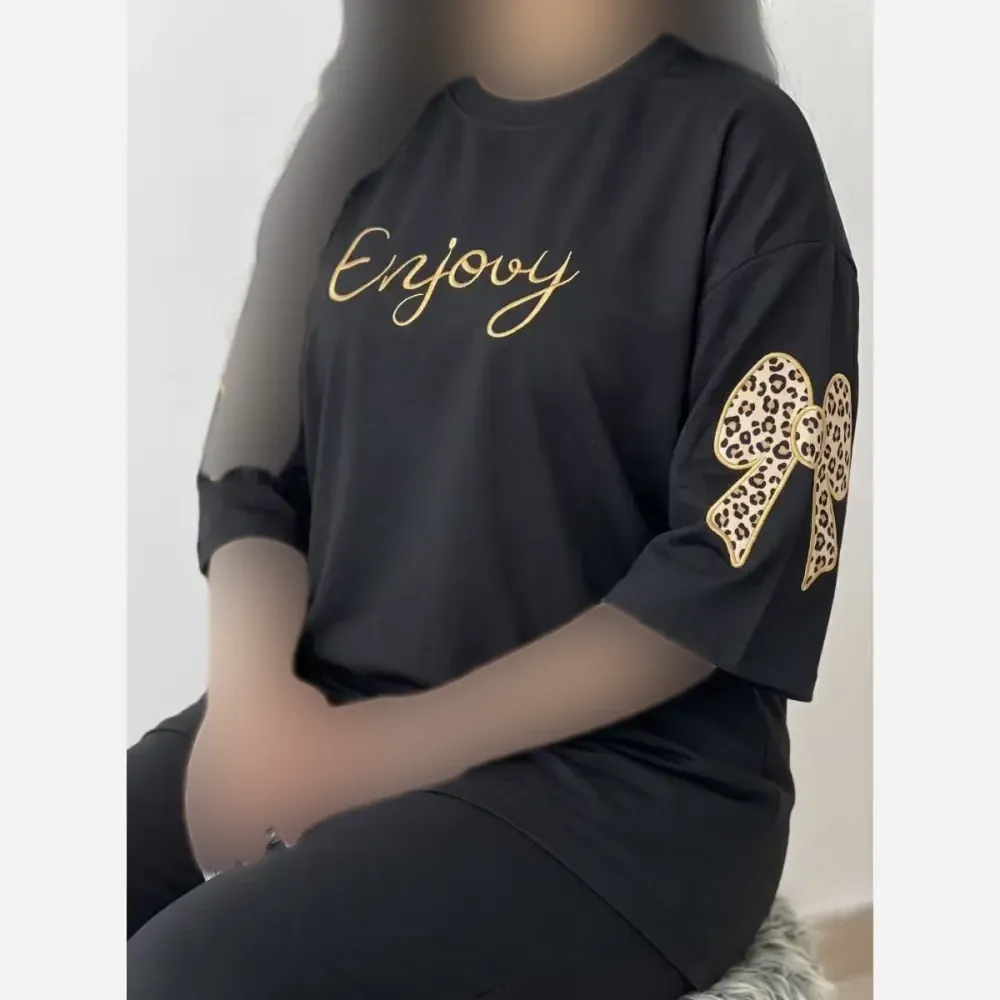 ست فرنیا پنبه گلکسی تیشرت شلوار زنانه مشکی طوسی فری سایز 38 تا 46