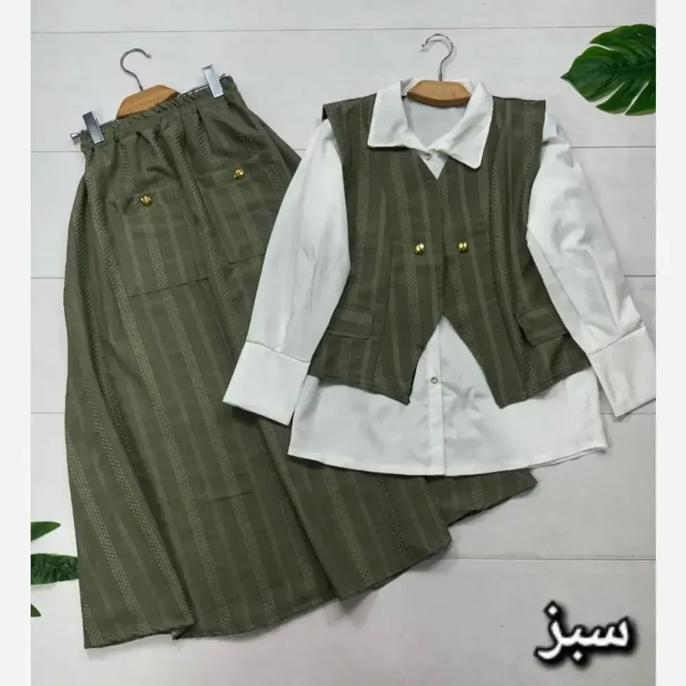 ست سه تیکه شانتون و شومیز داکرون ژینا سایز 38 تا 46