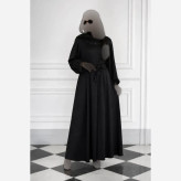 عبا آیسان الیزه جت بلک A++ فری سایز 36 تا 46 گیپور کرم و مشکی قد 135