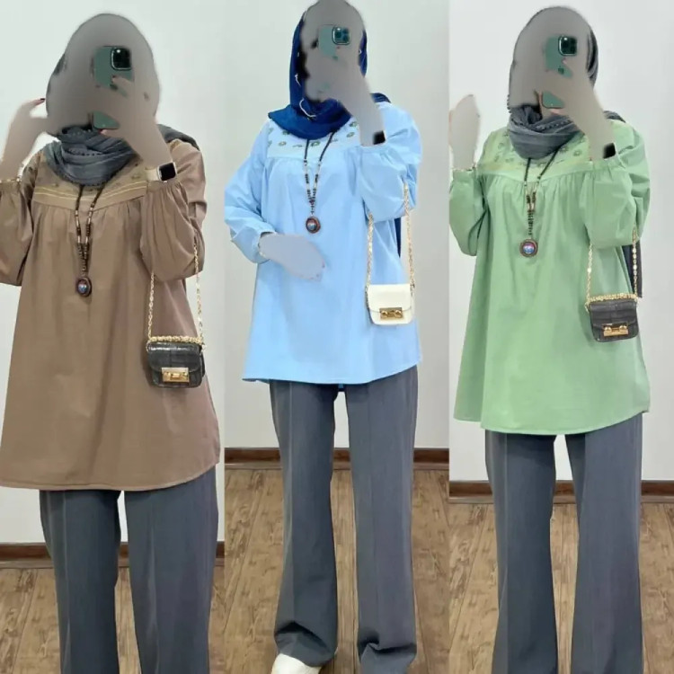شومیز گلدون پسته ای فری سایز با گلدوزی الیاف با کیفیت قد 80