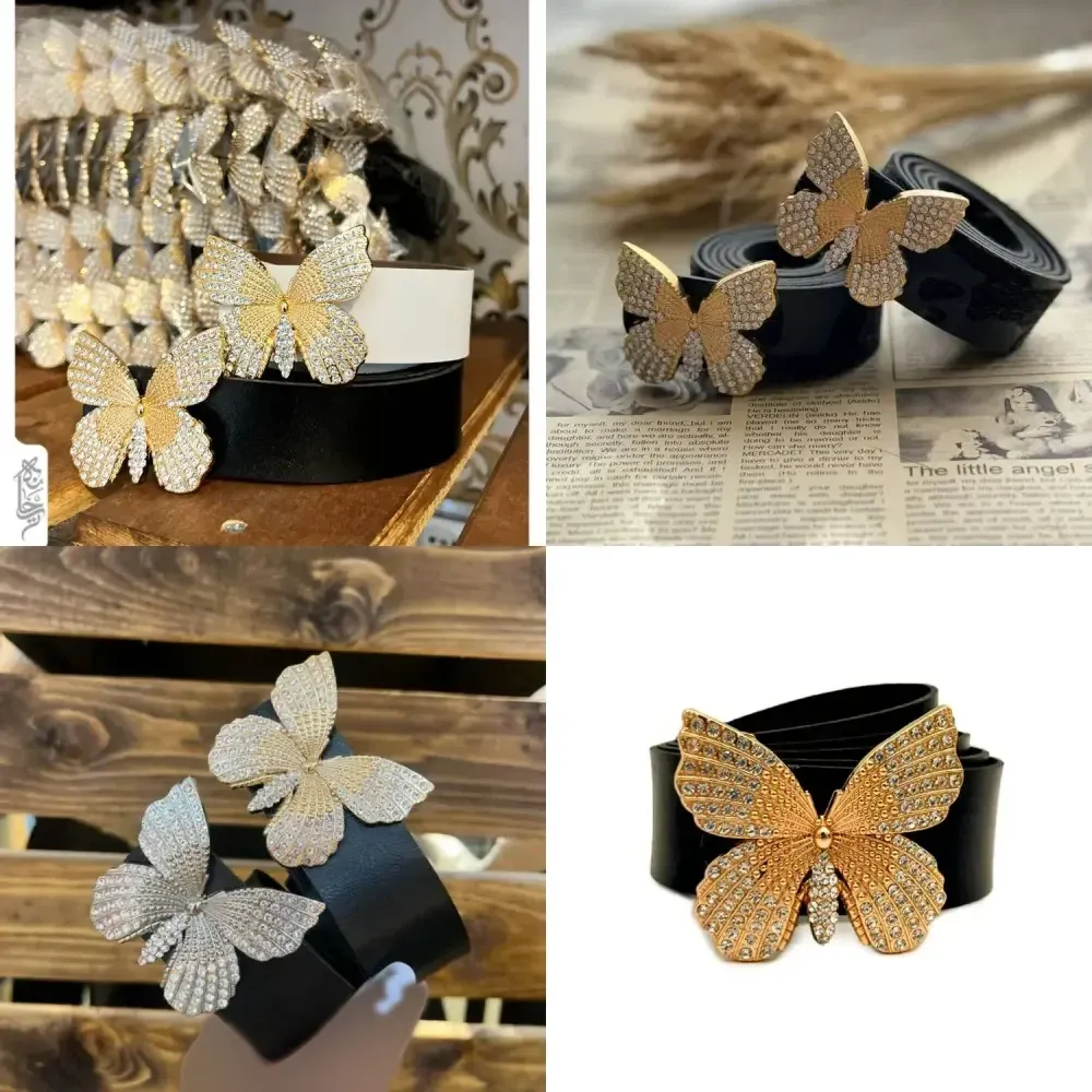 خرید کمربند زنانه چرم مشکی با سگک پروانه فلزی طلایی و نقره ای سایز آزاد استاندارد
