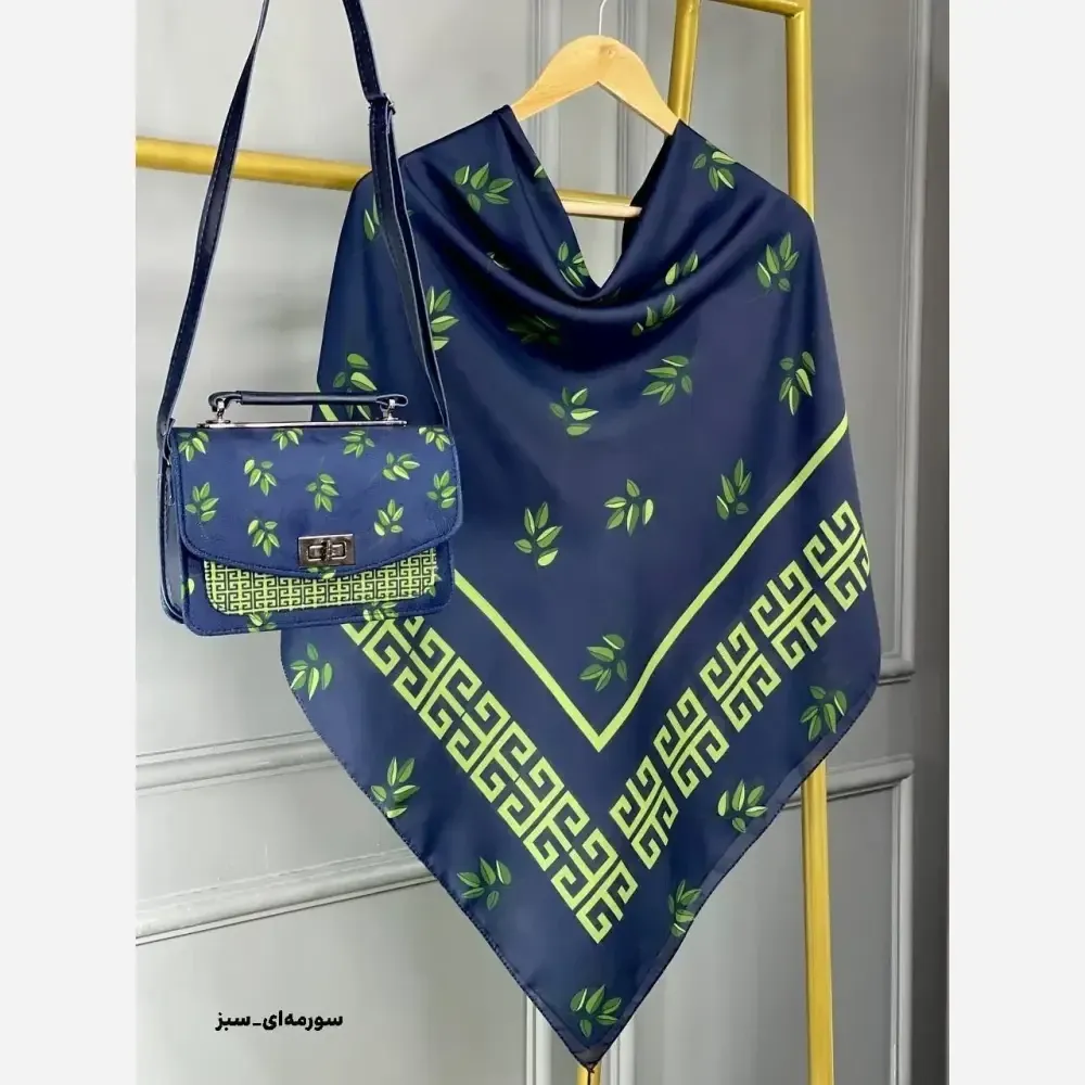 ست کیف و روسری طرح برگ جیوانچی مخمل و چرم نخی قواره 130
