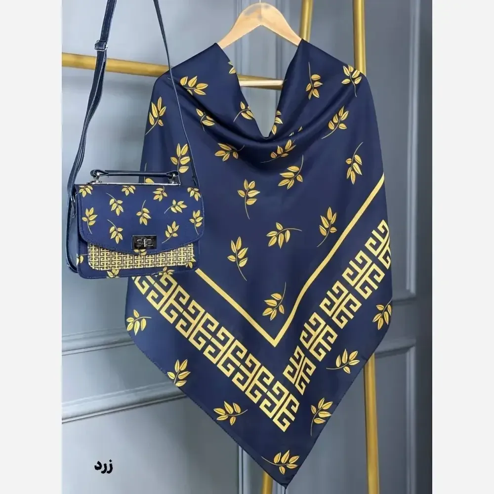 ست کیف و روسری طرح برگ جیوانچی مخمل و چرم نخی قواره 130