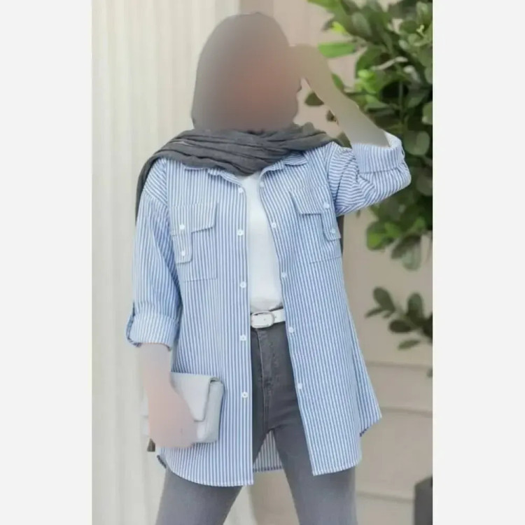 شومیز جیب صلیبی داکرون زنانه طوسی و آبی سایز 36 تا 48