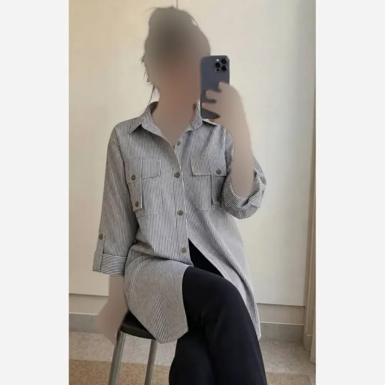 شومیز جیب صلیبی داکرون زنانه طوسی و آبی سایز 36 تا 48