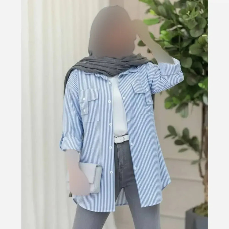 شومیز جیب صلیبی داکرون زنانه طوسی و آبی سایز 36 تا 48