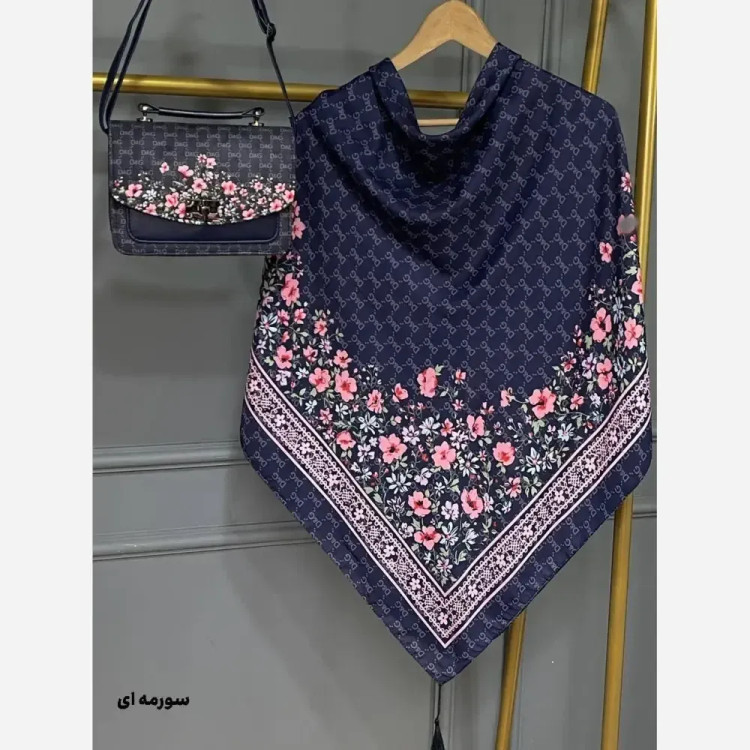 ست کیف و روسری مخمل و چرم صنعتی نخی منگوله دار طرح گل دی