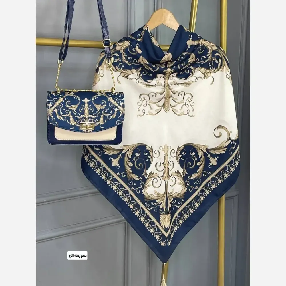 ست کیف و روسری کاترینا مخمل و چرم صنعتی نخی منگوله دار 130 مشکی فیروزه ای سورمه ای