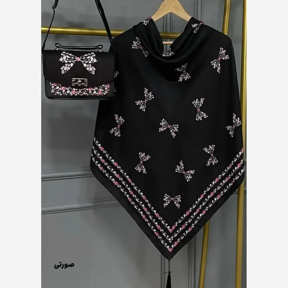 ست کیف و روسری پاپیون رز نخی منگوله دار مخمل چرم صنعتی 130x17x23