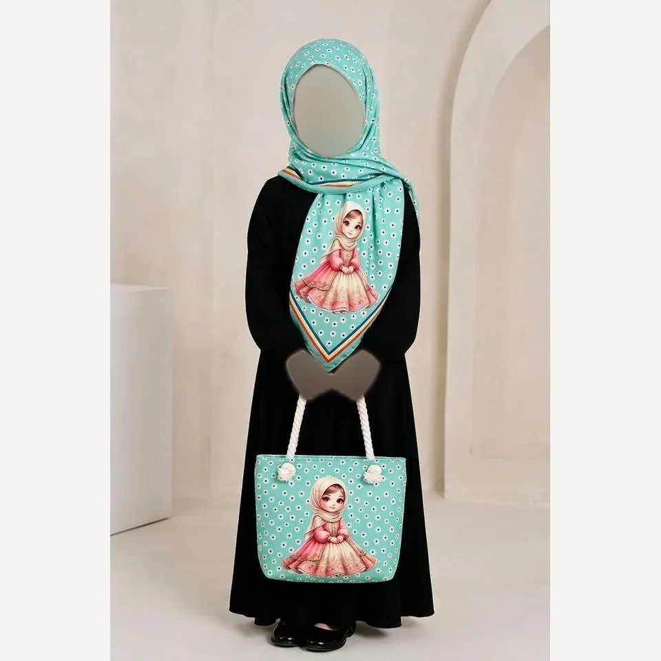ست کیف و روسری بچگانه نخی مخمل ضخیم دسته کنفی قابل شستشو