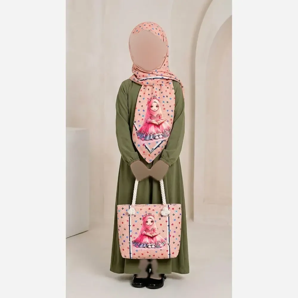 ست کیف و روسری بچگانه نخی مخمل ضخیم دسته کنفی قابل شستشو