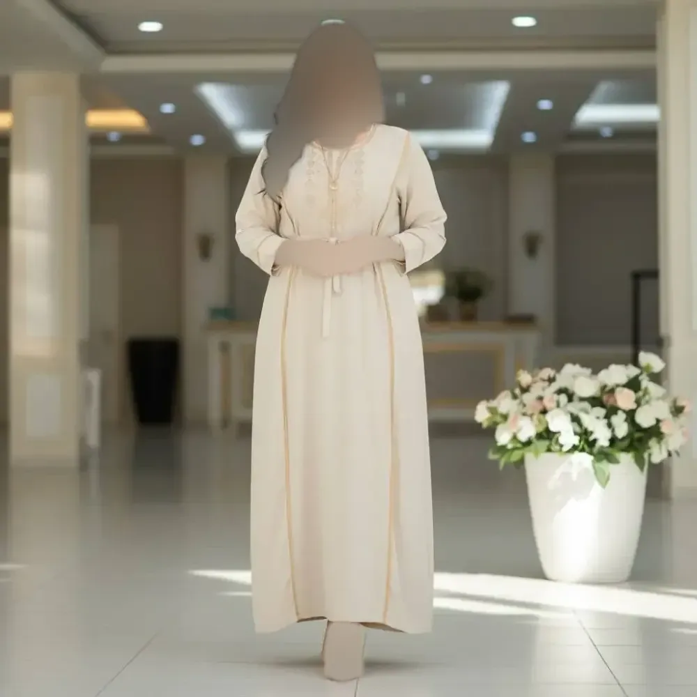 پیراهن نخی وارداتی گلدوزی شده زنانه استخوانی فری سایز شیک راحت سبک بدون آبرفت و رنگدهی