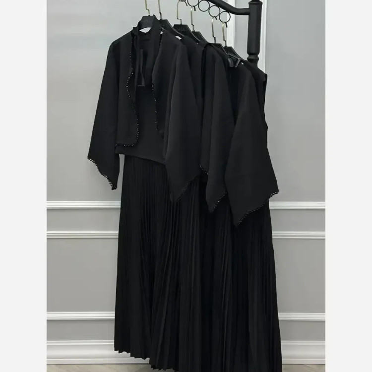 سه تیکه سارافن و کت زنانه فاریا بوگاتی کرپ مازراتی مشکی فری سایز 38 تا 46