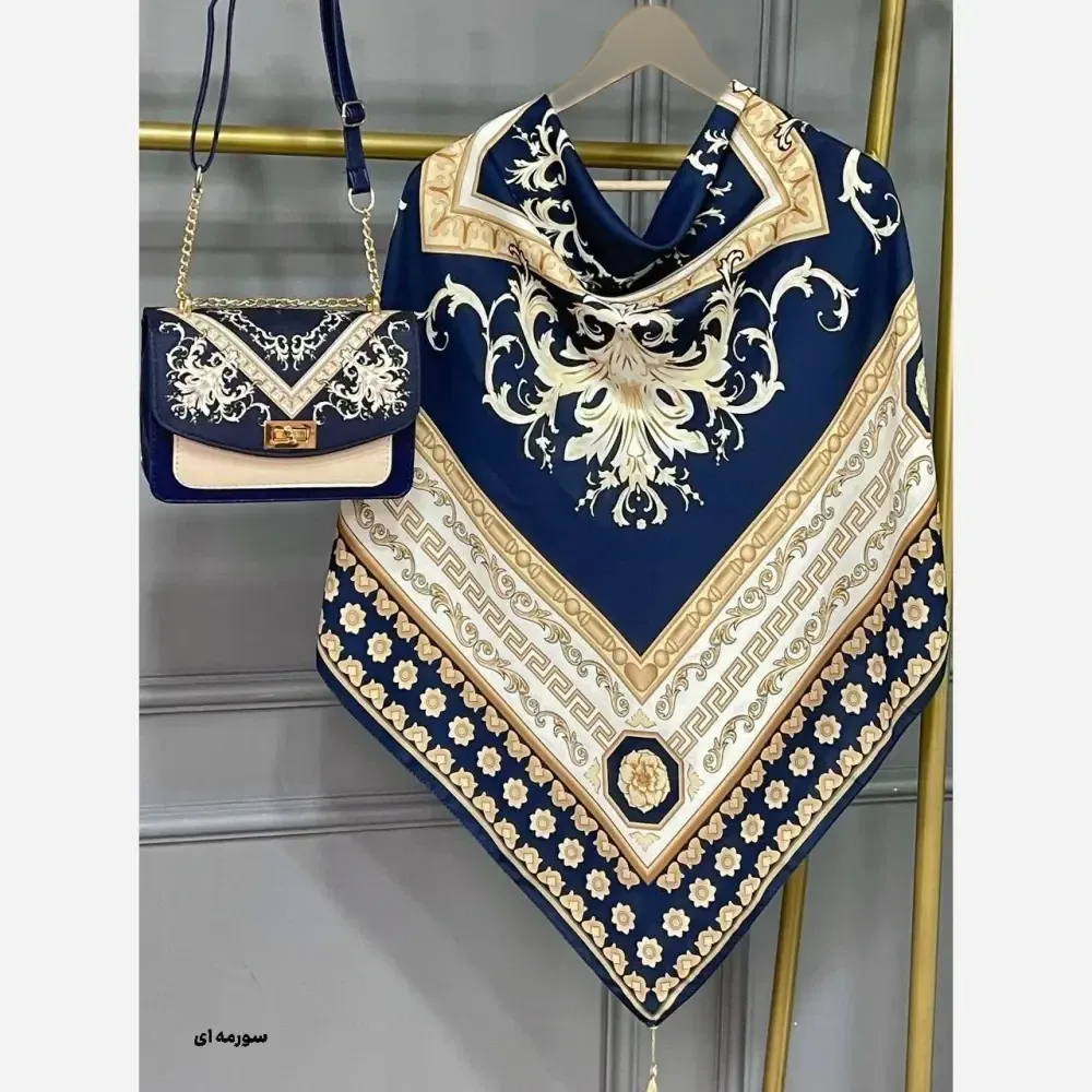 ست کیف و روسری مخمل و چرم صنعتی سورنا رنگ مشکی و سورمه ای