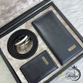 پک مردانه چرم شامل کمربند، جاکارتی و کیف پول در رنگ مشکی و عسلی، فری سایز، مناسب هدیه
