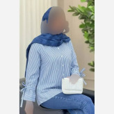 شومیز پاپیونی داکرون زنانه رنگ طوسی و آبی سایز 36 تا 48