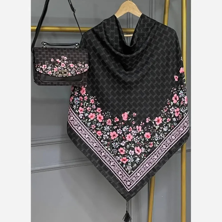 ست کیف و روسری مخمل و چرم صنعتی نخی منگوله دار گل دی