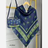 ست کیف و روسری طرح برگ جیوانچی مخمل و چرم صنعتی نخی منگوله دار قواره 130