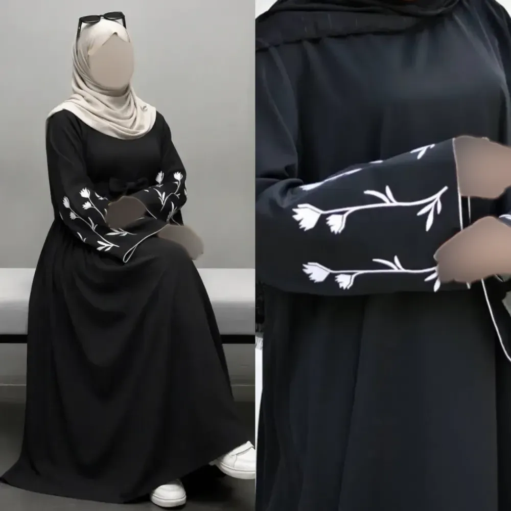 پیراهن عبایی گل لاله جنس الیزه مشکی گلدوزی شده سایز فری سایز