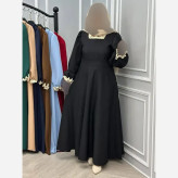 پیراهن زنانه یقه گیپور شهرزاد جنس الیزه رنگ مشکی سایز فری 38 تا 46 با کمربند