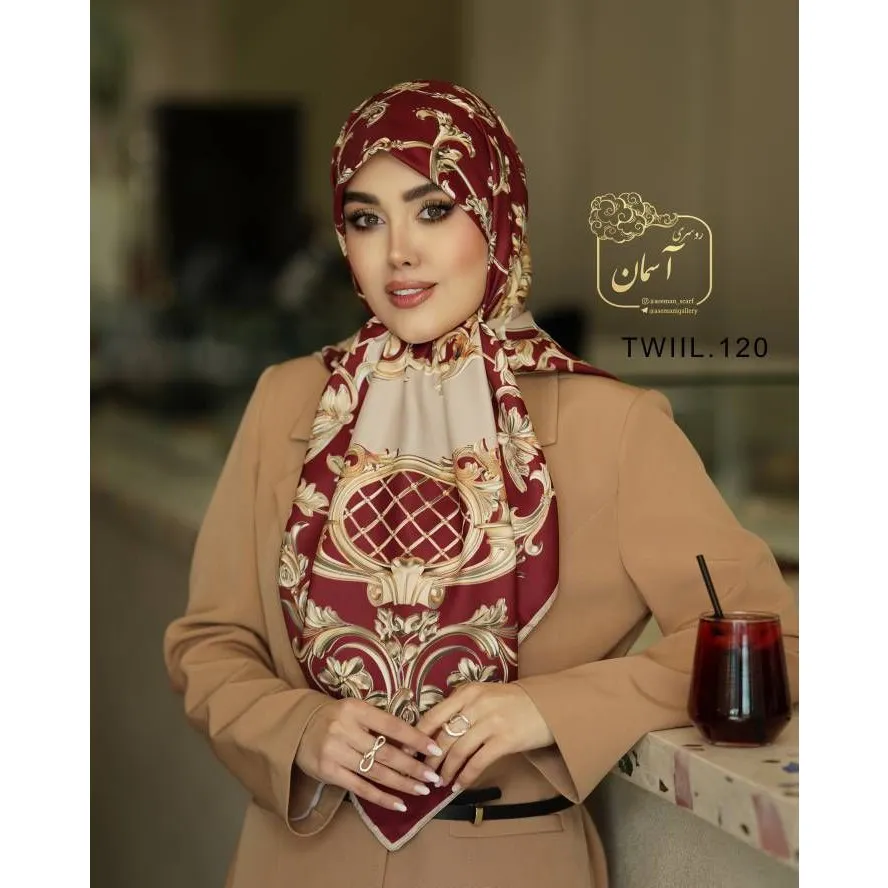روسری ساتن ابریشم طرح رزیتا قواره 140 دور دوخت ایستایی عالی