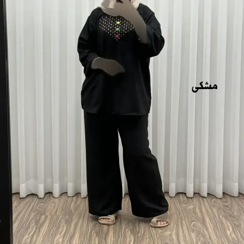 ست بلوز شلوار گلدوزی آلنا فری سایز تا 50 جنس صوفیا چهارفصل شیک راحت بدون آبرفت و رنگ رفت