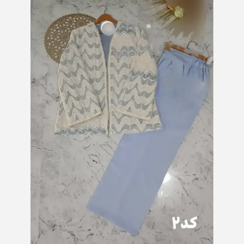 کت و شلوار مجلسی زنانه جنس گیپور دانتل و شلوار مازراتی رنگبندی سایزبندی