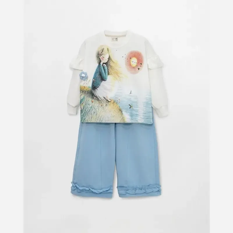 ست بلوز و شلوار دورس دو نخ لاکرا دخترانه مدل آرینا رنگ سفید و آبی